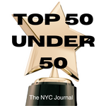 This image has a trophy with a gold star as the background to text that reads: Top 50 Under 50 (The NYC Journal)