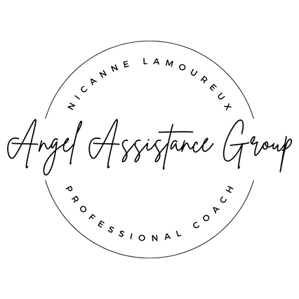 The Angel Assistance Group logo which black and white. It has a circle outline with horizontal decorative text reading: Angel Assistance Group. On the inside top portion of the circle is NicAnne's name. In the base portion is "Professional Coach"